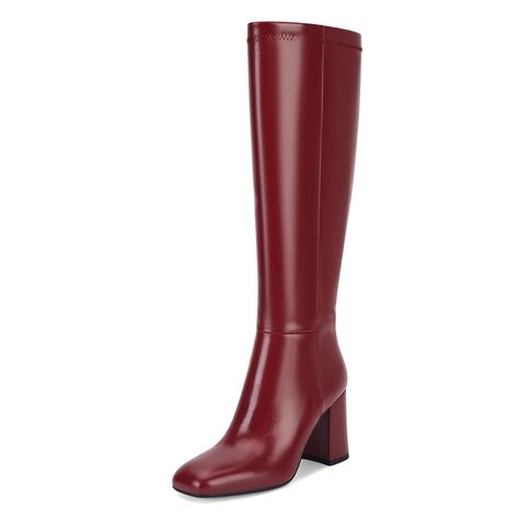 PRICES MAY VARY. ⭐ Heel height of knee-high black boots: 8.5cm/3.34", shaft height: 37.5cm/14.76", calf round: 34cm/13.39", opening: 39cm/15.35in. ⭐Tall boots women are made of premium faux leather upper and soft microfiber fabric lining, the cushioned padded insole for great comfort. ⭐Red leather boots feature stylish square-toe, sturdy chunky block heels, and a side half zipper easy to put on and take off. ⭐These knee-high boots are designed for those who prefer an everyday style that’s trendy Red Boots Fall, Thigh High Red Boots, Tall Red Boots, How To Style Chunky Boots, Fall Knee High Boots, Wine Boots, Dark Red Boots, Update Wardrobe, Burgundy Knee High Boots