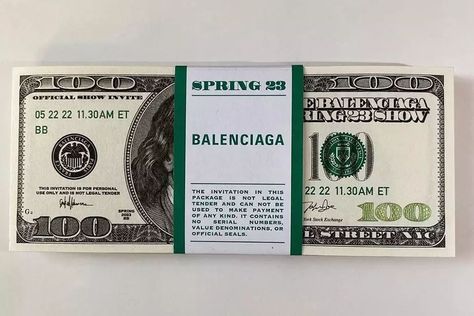 Balenciaga Invites Guests to Its Spring 2023 Show With a Stack of Faux Cash: The show is set to take place at the New York Stock Exchange building. Balenciaga Fashion Show, Sunday In New York, Fashion Invitation, Fashion Show Invitation, Balenciaga Spring, Dollar Bill, Stock Exchange, Spring 2023, Balenciaga