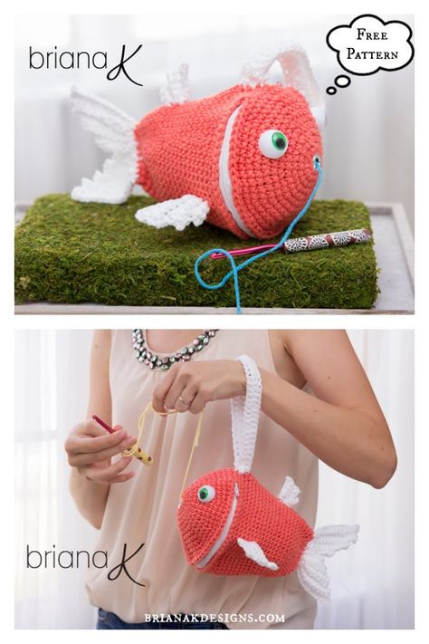 Fish Wristlet Yarn Holder Bag Free Crochet Pattern Yarn Buddy, Crochet Yarn Holder, Fish Crochet, Bag Free Crochet Pattern, Crochet Drawstring Bag, Crochet Organizer, Crochet Market, Bag Crochet Pattern, Crochet Fish