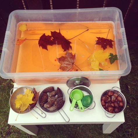 Autumn leaf soup Outdoor Water tray activity Fall Water Table Ideas, Autumn Water Tray Ideas, Harvest Festival Ideas Eyfs, Apple Tuff Tray Ideas, Autumn Water Play Ideas, Water Tray Ideas, Harvest Festival Eyfs Activities, Eyfs Water Area, Autumn Sand Tray Ideas Eyfs