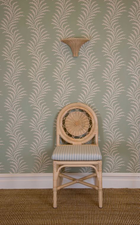 The Rattan Carousel Chair, The Rattan Nasturtium Wall Light and Scrolling Fern Frond Wallpaper by Soane Britain. Home Office Fern Wallpaper, Soane Scrolling Fern Wallpaper, Cole And Son Fern Wallpaper, Fern Tree Wallpaper, Fern Botanical Wallpaper, Serena And Lily Wallpaper, Wallpaper Powder Room, Fern Wallpaper, Soane Britain