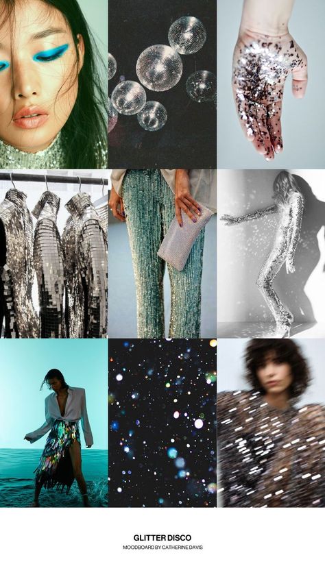 Inspiration moodboard curated by @CatherineDavis__. Full board with pins on profile. // Disco aesthetic. Glitter aesthetic. Disco balls. Mirror. Reflection. Light. Aqua. Black. Sparkle. Silver. Beaded pants. Blue eyeliner. Moodboard. Vision board. Design inspiration. Color palette. Disco Moodboard, 70s Disco Aesthetic, Beaded Pants, Vision Board Design, Glitter Outfits, Aqua Outfit, Fashion Design Inspiration Board, Aesthetic Glitter, Disco Aesthetic