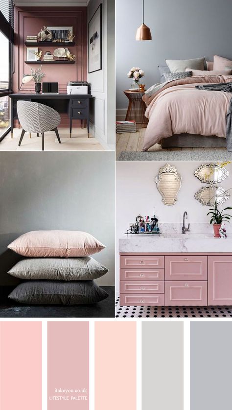 Pink and grey color scheme { 15 House Color Palette Ideas } House Color Schemes Interior, House Color Palettes, House Color Schemes, Grey Color Scheme, Bedroom Color Schemes, Decor Minimalist, Bedroom Colors, Room Colors, Cheap Home Decor