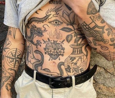 Old Money With Tattoo, Lower Body Tattoos Men, Patchwork Tattoo Stomach, Stomach Patchwork Tattoos, Men’s Stomach Tattoo Designs, Pap Tattoo, Men Stomach Tattoos Ideas, Back Tattoo Patchwork, Stomach Tattoos Men