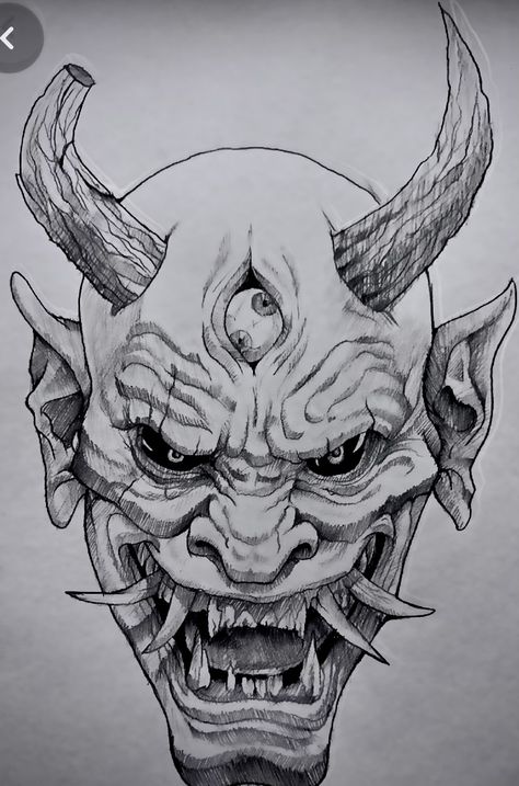 Oni Maske, Animal Stencil Art, Samurai Warrior Tattoo, Oni Tattoo, Oni Demon, Kunst Tattoos, Demon Tattoo, Mask Drawing, Scary Tattoos