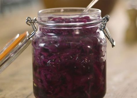 Red cabbage sauerkraut recipe / Riverford Red Cabbage Sauerkraut, Quick Kimchi, Make Sauerkraut, Making Sauerkraut, Sauerkraut Recipe, Braised Red Cabbage, Homemade Sauerkraut, Cabbage Head, Sauerkraut Recipes