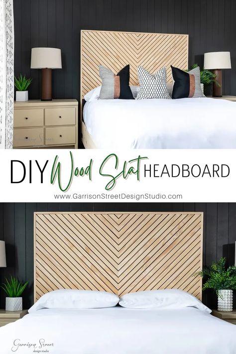 DIY Queen Headboard with Wood Slats and LED Lights | ©GarrisonStreetDesignStudio | DIY | Queen | Headboard | Wood | Slats | with lights | Affordable | DIY Queen Headboard | DIY Wood Bed | Headboard Ideas | Bed DIY | Tutorial | with LED Lights | 2x4 Bed Frame | Queen Bed Frame | Geometric | Mid Century | Boho | Storage | Bed | Pine | King | Under Bed Storage | Chevron | Homemade Headboards | Creative | Custom | Making a headboard DIY | Cool | Plans | Herringbone | Simple | Wooden | Modern Headboard Size Guide, Diy Slat Headboard Wall, Slat Board Headboard, Wood Pattern Headboard, Queen Wood Headboard, Diy Wood Bed Headboard, Diy Headboard Alternative Ideas, Dowel Headboard Diy, Diy Modern Headboard Ideas