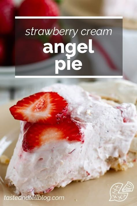 Light as a cloud, a crunchy pecan and meringue crust is filled with a creamy strawberry filling in this Strawberry Cream Angel Pie. Angel Pecan Pie, Angel Pie Recipe, Meringue Crust, Angel Pie, Easy Strawberry Desserts, Strawberry Cream Pies, Summer Pie, Fluff Desserts, Seasonal Desserts