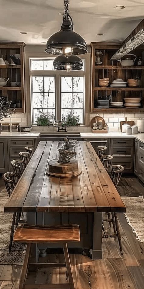 Kitchens With Tables In The Middle, Farmhouse Table As Island, Eat In Farmhouse Kitchen, Dining Table Instead Of Kitchen Island, Kitchen Table Instead Of Island, Kitchen Island With Lower Seating, Farmhouse Table Island, Kitchen With Table Instead Of Island, Kitchen Island With Seating At End