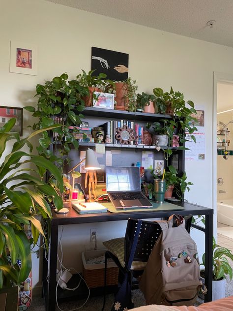 Green Themed Desk, How To Style Desk In Bedroom, Desk Ideas Plants, Black Desk Decor Ideas Aesthetic, Desk Organization Green, Bedroom Ideas For Small Rooms Green, Cluttered Desk Aesthetic, Desk Ideas Dark, Brown Desk Ideas