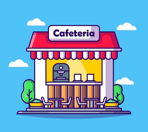 Cafeteria cartoon building Premium Vecto... | Premium Vector #Freepik #vector #food #coffee #people #city Cafeteria Illustration, Cafe Cartoon, Chalk Menu, Bakery Shop Interior, Cat Climbing Tower, Cartoon Building, Mall Food Court, Bar Counter Design, Jojo Jojo