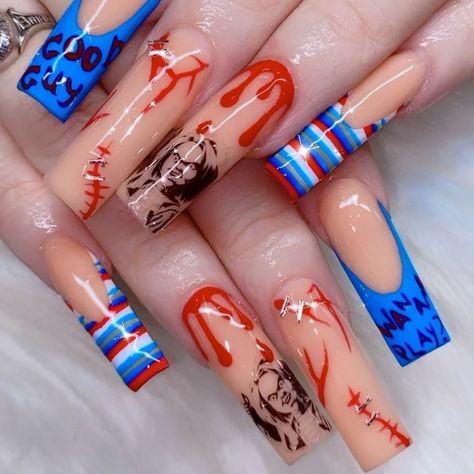 Chuckie Halloween Nails, Childs Play Nails, Chuckie Nail Art, Chucky Nails Acrylic Simple, Chucky Nails Short, Chucky Halloween Nails, Tiffany Nails Design Chucky, Chucky And Tiffany Nails, Chucky Nail Designs