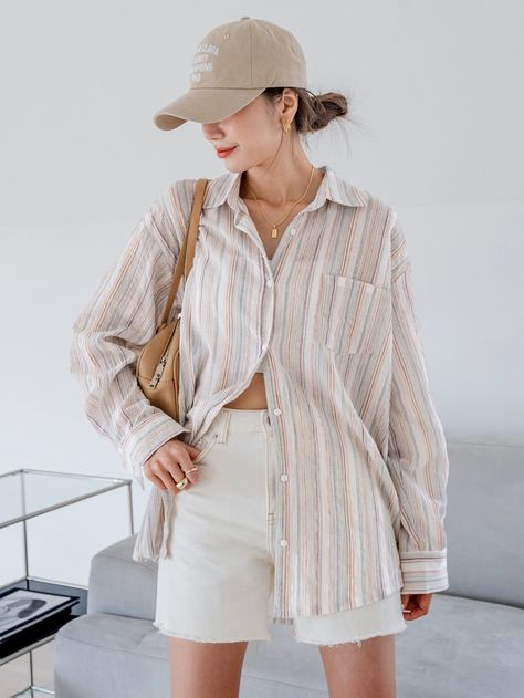 Button Through Striped Oversized Blouse Oversized Blouse Outfit Summer, Oversized Striped Shirt Outfit, Oversized Summer Outfit, Oversized Blouse Outfit, Summer Blouse Outfit, Wardrobe Overhaul, Oversized Longsleeve, Button Down Outfit, Outfits With Striped Shirts