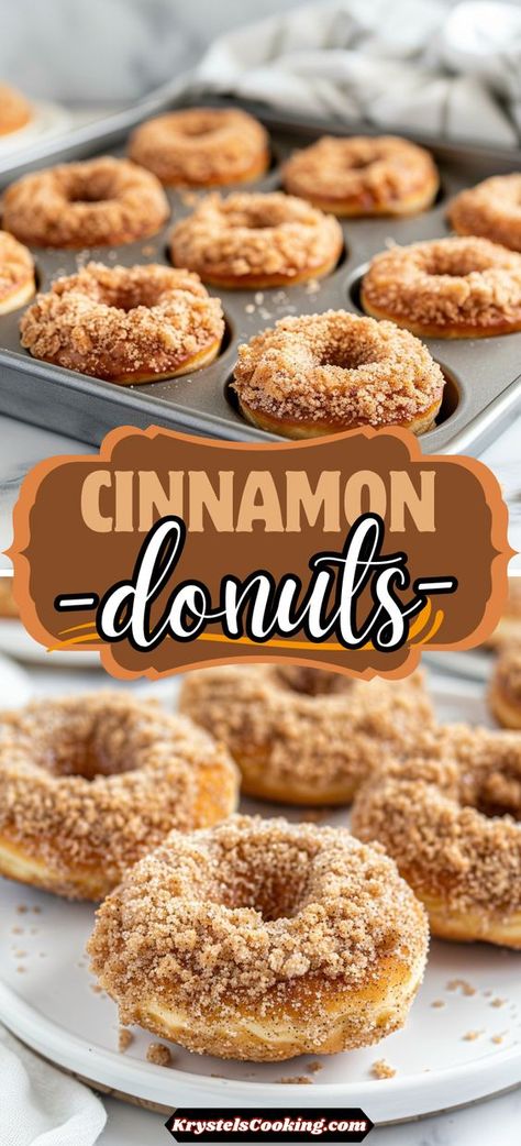 Delicious Baked Cinnamon Crumb Donuts: This easy recipe for homemade donuts features a cinnamon crumb topping and is oven-baked to perfection. A sweet treat for any time of day! Baked Crumb Donut Recipes, Baked Cinnamon Donut Recipes, Homemade Baked Donuts Recipe Easy, Bake Doughnuts Recipe, Oven Baked Donuts Recipes Easy, Plain Cake Donuts Baked, Best Baked Doughnut Recipes, Oven Baked Doughnuts Recipes, Baking Donuts Recipe