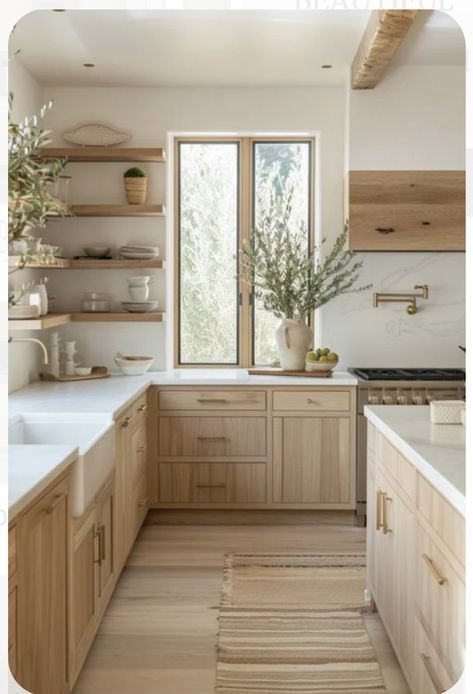 White Oak Cabinets, Organic Modern Kitchen, Model Dapur, Light Wood Kitchens, Wooden Countertops, Interior Dapur, Cream Kitchen, Kitchen Layouts, Organic Kitchen