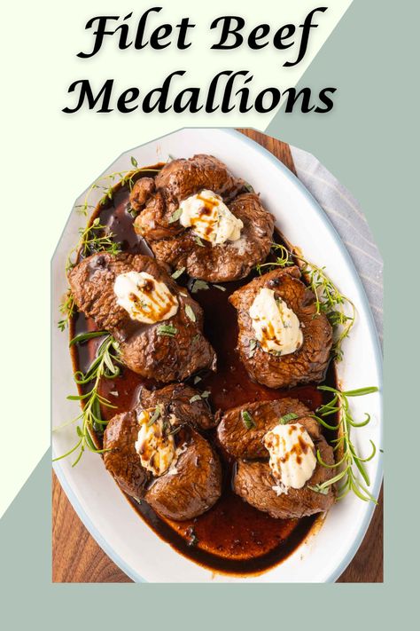 These filet medallions are pan seared to lock in all the juices and quickly cooked to perfection. The marinade not only tenderizes the steak but is also the basis to a rich brown pan sauce. Filet Mignon Medallion Recipes, Filet Mignon Seasoning, Beef Medallions Recipes, Petite Tender Medallions Recipe, Filet Medallion Recipes, Marinade For Filet Mignon Steaks, Petite Filet Mignon Recipe, Beef Tenderloin Medallions Recipes, Steak Medallions Recipes