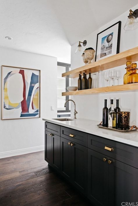 Wet Bar With Sconces, Organic Modern Wet Bar, Wet Bar On Long Wall, Wet Bar Styling, Coffee Wet Bar, Basement Wet Bar, Wet Bar Designs, Spanish Farmhouse, Rustic Backsplash