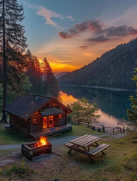 Mountain Cabins House With Sunset View, Cozy Mountain Cabin, Cozy Campfire, Edits Videos, Evening Pictures, Mountain Cabins, Peaceful Nature, Farm Houses, Cabin Living