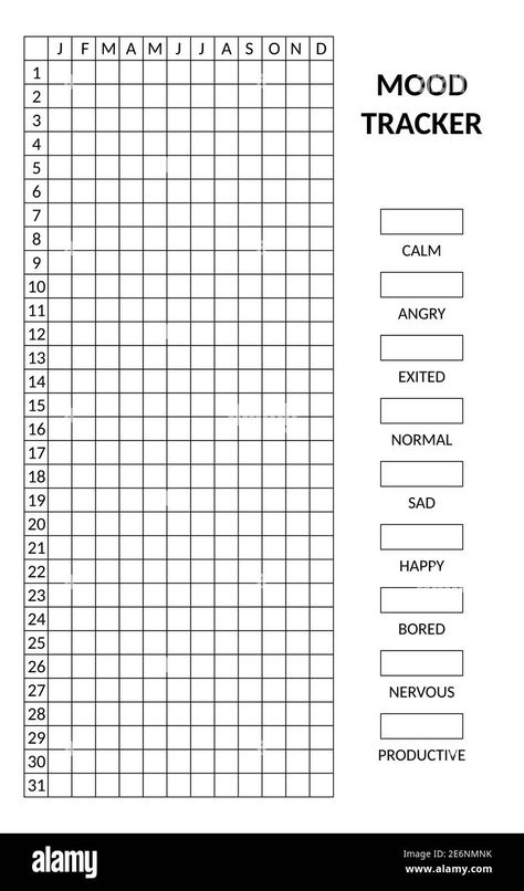 Download this stock vector: Year in pixels, mood tracker monochrome template. Habit diary blank for bullet journal. Monthly planner vertical orientation. - 2E6NMNK from Alamy's library of millions of high resolution stock photos, illustrations and vectors. Blank Journal Templates, Monthly Mood Tracker Template, Month In Pixels, Yearly Tracker Bullet Journal, Year In Pixels Template, Mood Tracker Year, Digital Bullet Journal Template, Pixel Tracker, Year In Pixels Bullet Journal