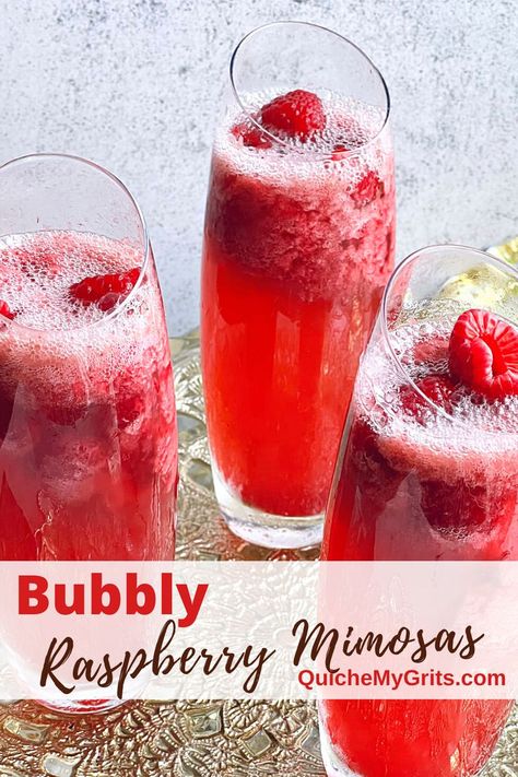 Three glasses of raspberry mimosas with sorbet and raspberries on top of pink champagne. Raspberry Sorbet Mimosa, Pink Mimosa Recipe Champagne, Valentines Champagne Drinks, Valentine’s Day Mimosa, Raspberry Mimosa Recipe, Valentines Mimosa Bar, Valentines Mimosa, Valentine Mimosa, Pink Mimosas