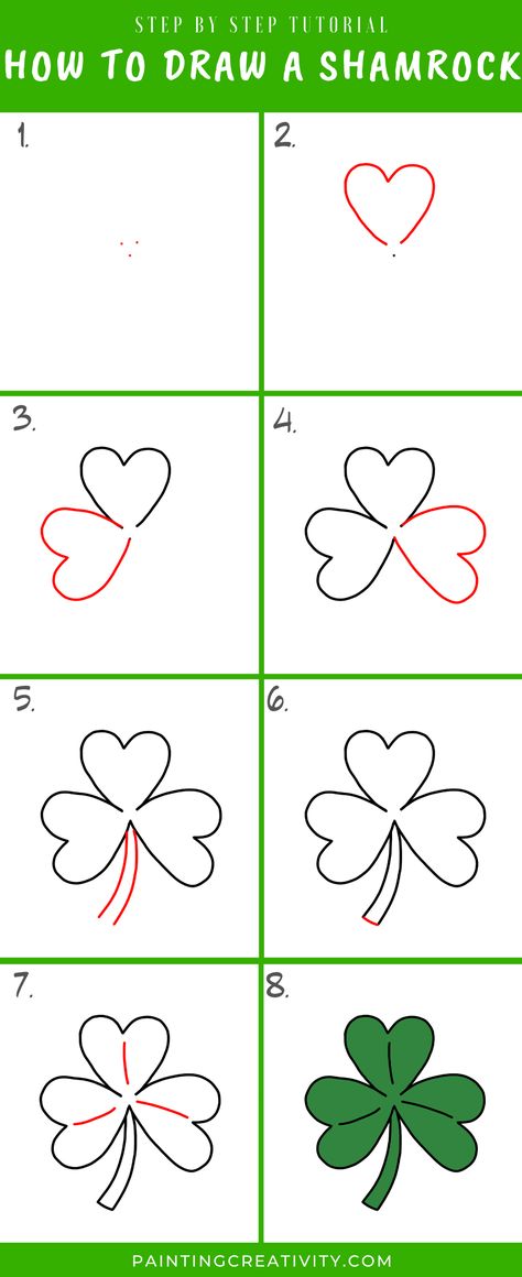 Learn how to draw a beautiful shamrock. A simple step by step tutorial for kids and beginners of drawing. How To Draw A Clover Step By Step, Lepercon Drawings Easy, Shamrock Drawing Simple, How To Draw A 4 Leaf Clover, How To Draw A Clover, March Doodles Easy, How To Draw St Patricks Day Stuff, How To Draw A Shamrock, Clover Drawing Simple