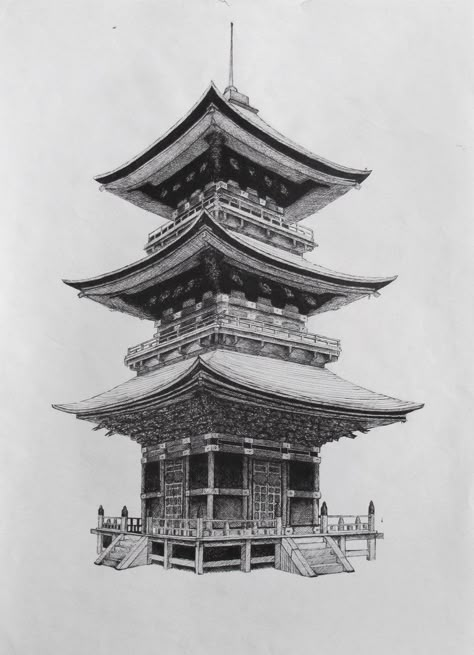 A fineline pen drawing of a place in Japan with this temple, original drawing was A3 size - quite old Japanese Temple Tattoo, Building Tattoo, Guerriero Samurai, Temple Tattoo, Temple Drawing, Japanese Buildings, Japan Temple, Buddha Tattoos, Samurai Artwork