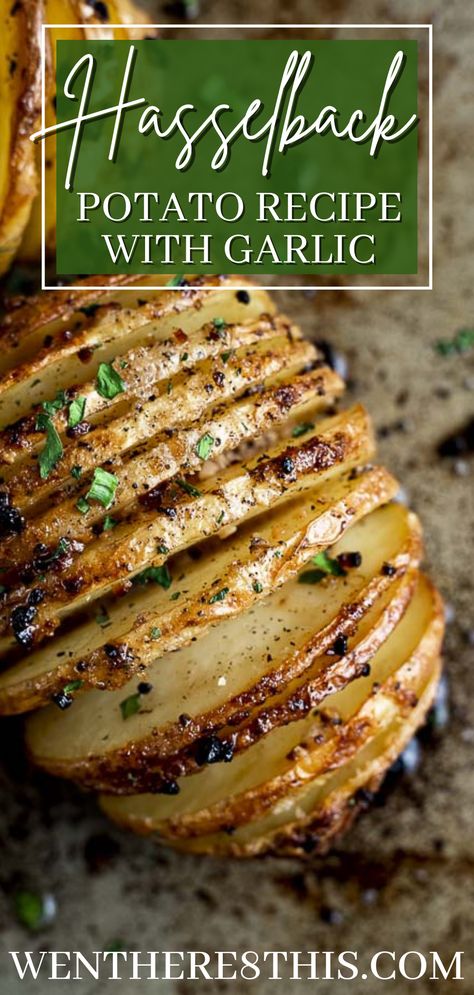 This Hasselback Potato recipe is super easy to make-potatoes coated with duck fat & garlic, then baked to a chewy & crispy perfection-It's the perfect side! Scored Potatoes Recipe, Duck Fat Fries, Recipe With Garlic, Side Dishes For Chicken, Seasoned Potatoes, Honey Baked Ham, Hasselback Potatoes, Carlsbad Cravings, Easy Potato Recipes