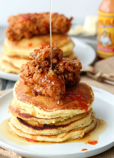 Buttermilk Fried Chicken and Cornmeal Pancakes Savory Pancakes Recipe, Chicken And Pancakes, Cornmeal Pancakes, Crunchy Chicken, Fried Chicken And Waffles, Buttermilk Chicken, Buttermilk Fried Chicken, Dumplings For Soup, Savory Pancakes