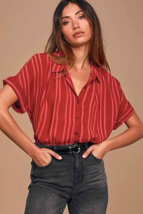 Everlee Wine Red Striped Button-Up Top | Red button up shirt, Patterned button up shirts, Shirt outfit women Red Shirt Outfits, Collared Shirt Outfits, Red Button Up Shirt, Patterned Button Up Shirts, Trendy Work Outfit, Perfect White Shirt, Button Up Shirt Womens, The Witness, Button Ups