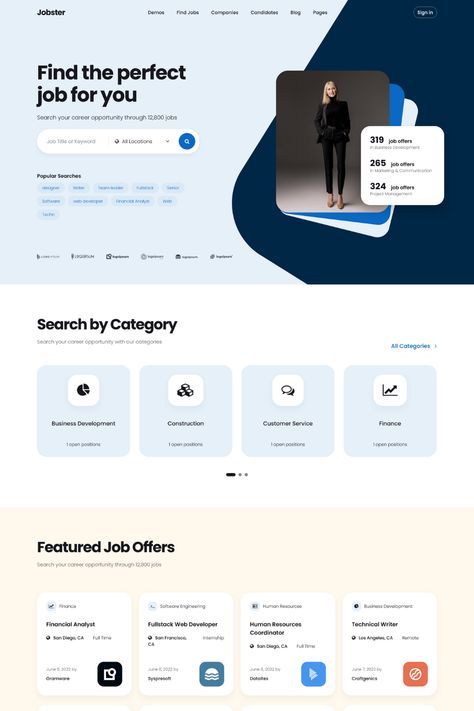 Jobster is a smart and sophisticated job board WordPress theme designed for creating professional job listing websites. With its clean and modern design, this theme is fully responsive and mobile-friendly. The theme includes advanced features such as resume manager, job alerts and application management, allowing job seekers to easily find and apply for jobs. Search Website Design, Job Search Website, Learning Website Design, Web Design Jobs, Marketing Agency Website, Portal Design, Colorful Website, Desain Ui, Job Website