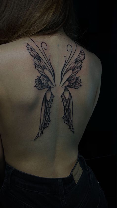 Fairy wings back tattoo Big Fairy Wings Tattoo, Baddie Spine Tattoo Butterfly, Full Back Butterfly Tattoo, Dark Fairy Wings Back Tattoo, Pixie Wings Tattoo On Back, Wing Spine Tattoo, Fairy Wings Tattoo On Back Women, Wings Tattoo For Women, Butterfly Wings Back Tattoo