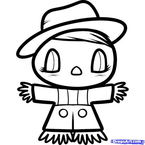 how to draw a scarecrow for kids step 7 Easy Scarecrow Drawing, Cute Scarecrow Drawing, Halloween Scarecrow Drawing, Scarecrow Outline, Scarecrow Clipart Cute, Scarecrow Drawing, Hat Drawing, Cute Scarecrow, Scarecrow Hat