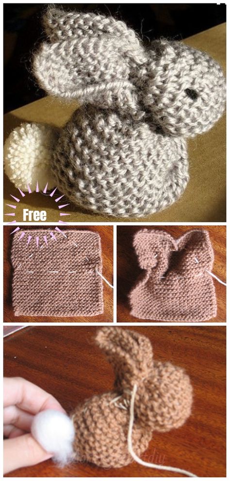 DIY Cute Knitted Bunny From A Square Free Knitting Pattern Bunny From A Square, Rabbit Knitting Pattern, Bunny Knitting Pattern, Small Knitting Projects, Knitted Bunny, Animal Knitting Patterns, Knitting Patterns Toys, Knitted Animals, Slippers Pattern