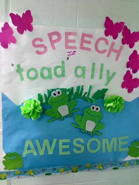 Speech Therapist Door Decoration, Spring Speech Bulletin Boards, Slp Door Decorations, Speech Therapy Bulletin Boards Schools, Speech Door Decorations, Slp Aesthetic, Speech Classroom Decor, Speech Bulletin Boards, Speech Therapy Organization