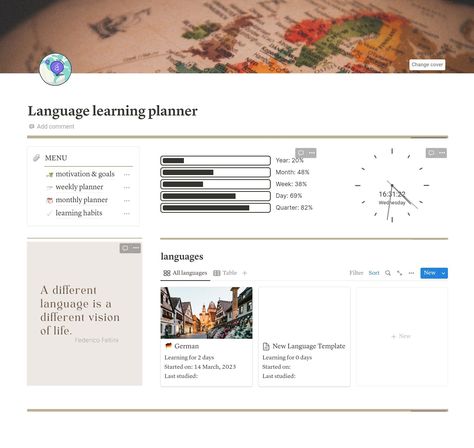 #Notion_Language_Learning_Template #Language_Notion #Notion_Template_Language #Notion_Language_Learning Notion Language Learning Template, Notion Template Language, Language Learning Planner, Aesthetic Dashboard, Language Planner, Notion Journal, Study Vocabulary, Learning Template, Notion Inspo