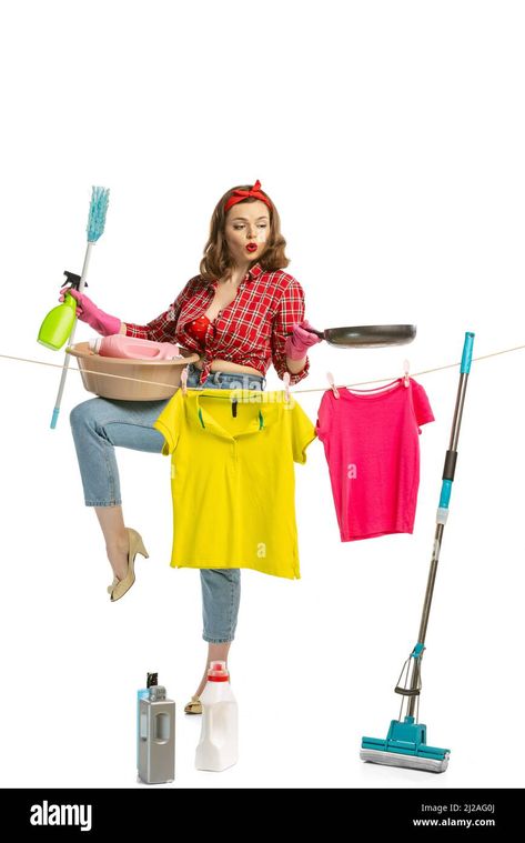 Download this stock image: Laundry, cleaning, ironing. Beautiful housewife doing housework isolated on white studio background. Work, emotions, female rights, beauty, family - 2J2AG0J from Alamy's library of millions of high resolution stock photos, illustrations and vectors. Cleaning Service Photoshoot, Cute Apartment Ideas, Apartment Ideas Kitchen, White Studio Background, Closet Store, Beautiful Housewife, Domestic Cleaning, Laundry Cleaning, Cute Apartment