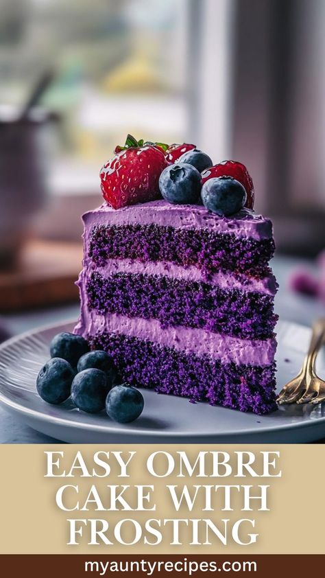 This easy purple ombre cake features layers of rich vanilla cake and velvety buttercream frosting. The ombre effect is created with food coloring, making it simple and fun. Perfect for beginners who want to create a show-stopping dessert! Purple Ombre Cake, Cake With Buttercream Frosting, Cake With Buttercream, Layer Cake Recipes, Ombre Cake, Purple Ombre, Ombre Effect, Buttercream Frosting, Food Coloring