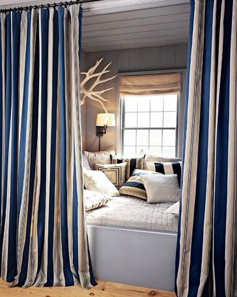 The Curtained Nook | 44 Cozy Nooks You'll Want To Crawl Into Immediately Sleeping Nooks, Alcove Bed, Blanket Forts, Sleeping Nook, Bed Nook, Cozy Nooks, Window Seats, Secret Rooms, Pool Design