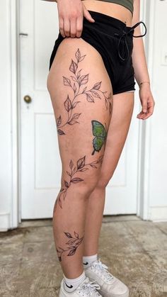 Vines Down Leg Tattoo, Women’s Leg Tats, Flower Vine Tattoos For Women On Leg, Wrap Around Leg Sleeve Tattoo, Thigh Tattoos Wrap Around, Full Side Body Tattoo, Leg Tattoos Leaves, Vine Tattoo Around Leg, Leaf Vine Tattoo Leg