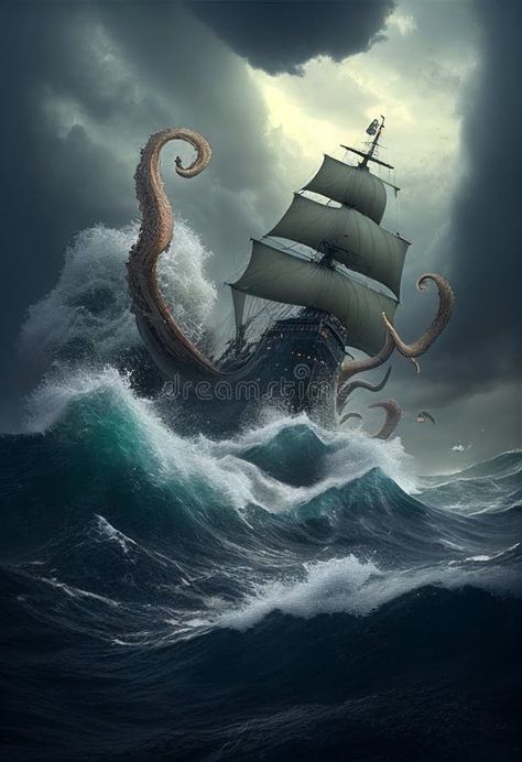 The kraken attacks the ship during a storm. AI Generated stock images Kraken Attacking Ship, Ship In Storm, The Kraken, Between Two Worlds, Ship Tattoo, Japanese Folklore, Polynesian Culture, Caribbean Sea, The Ship