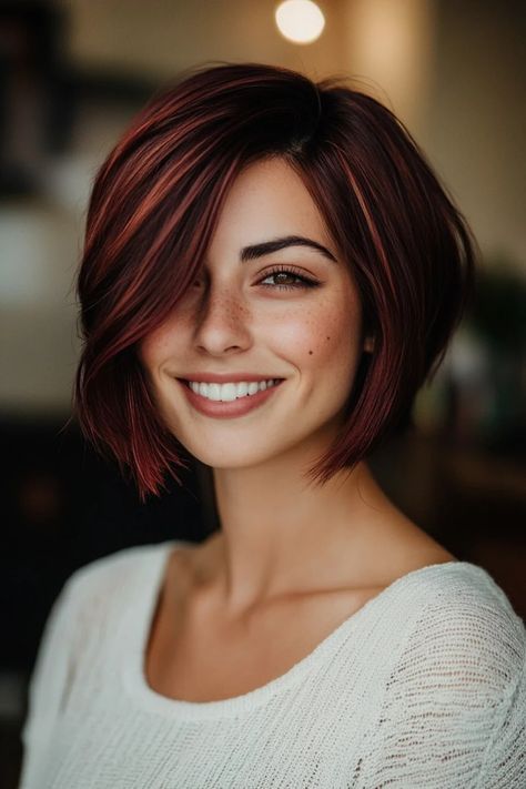 Hair Cuts And Highlights, Short Stacked Bob Haircuts, Burgundy Highlights, Short Hairstyle Ideas, Chic Short Hair, Dark Auburn, Chin Length Hair, Sleek Bob, Short Grey Hair