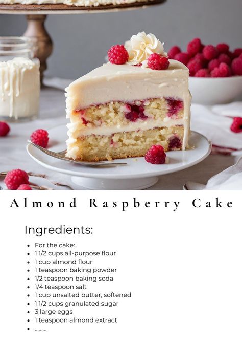 Treat yourself to a taste of luxury with this Almond Raspberry Cake featuring White Chocolate Amaretto Buttercream! ✨🎂   Ingredients:  For the cake: - 1 1/2 cups all-purpose flour - 1 cup almond flour - 1 teaspoon baking powder - 1/2 teaspoon baking soda - 1/4 teaspoon salt - 1 cup unsalted butter, softened - 1 1/2 cups granulated sugar - 3 large eggs - 1 teaspoon almond extract - 1 cup buttermilk - 1 cup fresh raspberries  For the white chocolate amaretto buttercream: - 1 cup unsalted butter, softened - 2 cups powdered sugar - 4 ounces white chocolate, melted and cooled - 2 tablespoons amaretto liqueur  For decoration (optional): - Fresh raspberries - Sliced almonds - White chocolate shavings  Directions:  1. Preheat your oven to 350°F (175°C). Grease and flour two 9-inch round cake pans Almond Raspberry Cake, Cake Pop Flavors, Amaretto Cake, White Chocolate Shavings, Raspberry Almond, Cake Recipes From Scratch, Raspberry Cake, Specialty Cakes, Pound Cake Recipes