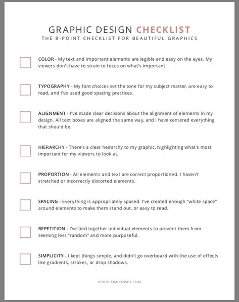 Graphic design checklist Graphic Design Terminology, Brand Design Checklist, Graphic Designer Must Haves, Graphic Design Practice Ideas, Logo Design Checklist, Graphic Design Challenges, Graphic Design Guide, Graphic Design Assignments, Web Design Checklist