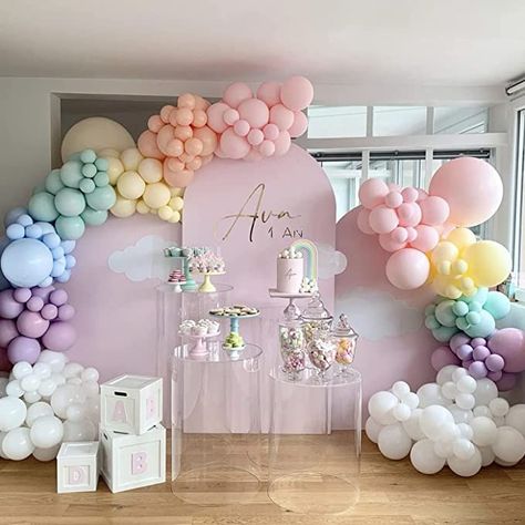 Pastel Arch Backdrop, Pastel Rainbow Balloon Garland, 1st Birthday Pastel Theme, Pastel Color Baby Shower Ideas, Pastel Balloons Decoration, Pastel Themed Birthday Party Decorations, Pastel Rainbow Baby Shower Ideas, Pastel Baby Shower Decorations, 1st Birthday Rainbow Theme