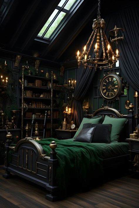 Dark bedroom with black walls, green ceiling, witchy academia, cottagecore, and cabincore elements. Enigmatic and captivating ambiance. Dark Academia Bedroom Ideas Modern, Vampire Room, Goth Interior, Dark Academia Room Ideas, Dark Academia Bedroom, Dark Green Rooms, Dark Cozy Bedroom, Academia Bedroom, Funky Bedroom