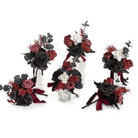 Black Wedding Centerpieces Diy, Goth Centerpieces, Black And Red Centerpieces, Small Floral Wedding, Burgundy Black Wedding, Black And Burgundy Wedding, Goth Weddings, Halloween Wedding Centerpieces, Gothic Fairytale