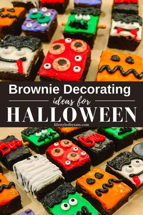 Brownie Decorating Ideas for Halloween {Halloween Brownie Ideas That Are Cute & Spooky!} Easy Halloween brownie ideas worth bookmarking for years to come! In this post, you will learn how to decorate Frankenstein, mummy, bat, pumpkin, Dracula, and more for your next Halloween bash. These brownies are made from a brownie mix and a Wilton icing set. Halloween Brownies Decoration, Halloween Brownie Decorations, Monster Brownies Halloween, Halloween Brownies Ideas Easy, Halloween Brownies Ideas, Brownie Decorating Ideas, Brownies For Halloween, Mummy Brownies, Halloween Brownie