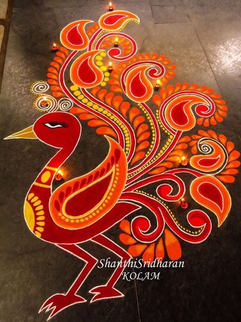 #peacock#red#orange#yellow Bird Mandala, Peacock Rangoli, Latest Rangoli, Rangoli Colours, Simple Rangoli Designs Images, New Rangoli, Rangoli Patterns, New Rangoli Designs, Big Rangoli Designs