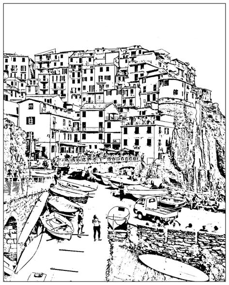 Little trip in Italy (Cinque Terre, Italian Riviera) Landscape Coloring Pages, Italy Cinque Terre, Baseball Coloring Pages, France Landscape, Coloring Printables, Coloring Page For Adults, City Sketch, Flag Coloring Pages, Italy Landscape