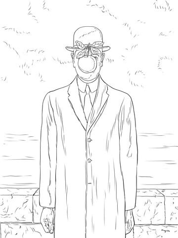 Surrealism Coloring Pages, Famous Art Coloring Pages, Surreal Coloring Pages, Rene Magritte Tattoo, Famous Art Coloring, Son Of Man, René Magritte, Famous Paintings, Rene Magritte